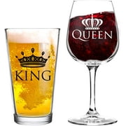 King and Queen Beer and Wine Glass Gift Set of 2 | Fun Novelty His and Hers or Husband Wife Drinkware | Couple, Newlywed, Anniversary Gift | Wedding Present or Favorite Couples Gift | USA Made