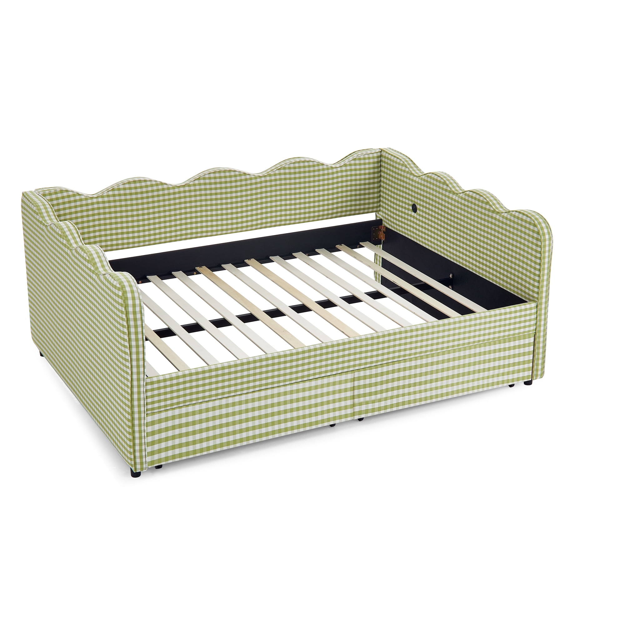Full Size Daybed with Storage Drawers and USB Port, Upholstered Linen Sofa Bed Frame with Wave Design, Kids Guest Bed for Bedroom Living Room, Green
