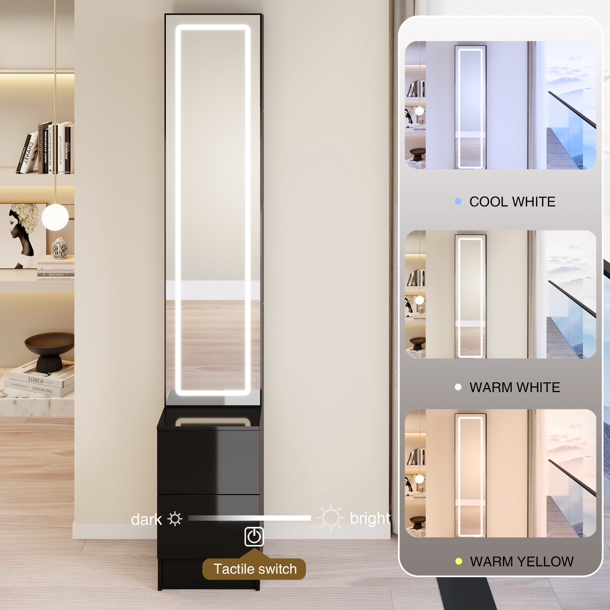 LED Dressing Mirror Cabinet,Cosmetic Organizer Cabinet, Jewelry Cabinet, 3 colors, Adjustable Brightness, Extra Large Mirror, Multi Layer High Capacity Storage, L11.8" x W15.7" x H63"