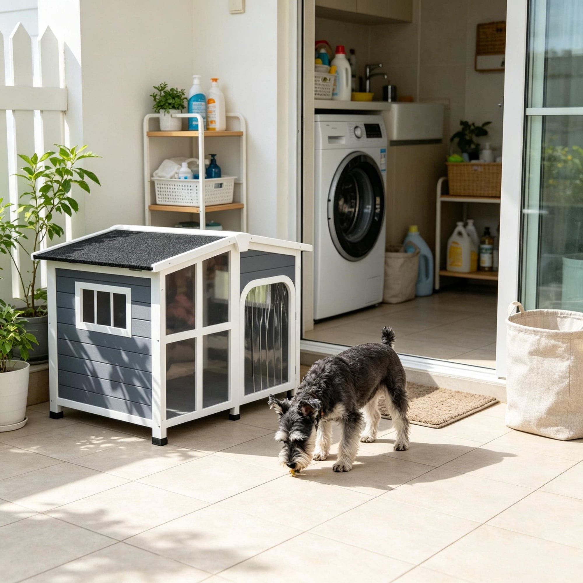 Large Dog House Cabin-Style Wooden Pet Shelter with Openable Roof And Giant Window, Gray