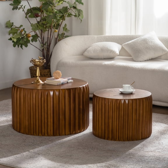 Noble House Fluted Round Coffee Tables, Wooden Nesting Center Tables for Living Room, Home Office, Walnut, Set of 2