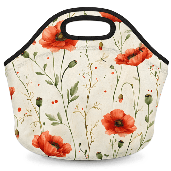 Herdesigns Red Poppy Neoprene Lunch Bag, Floral Insulated Lunch Box for Women Men Washable Lunch Tote Soft Lunch Container With Zipper for Work Picnic Travel