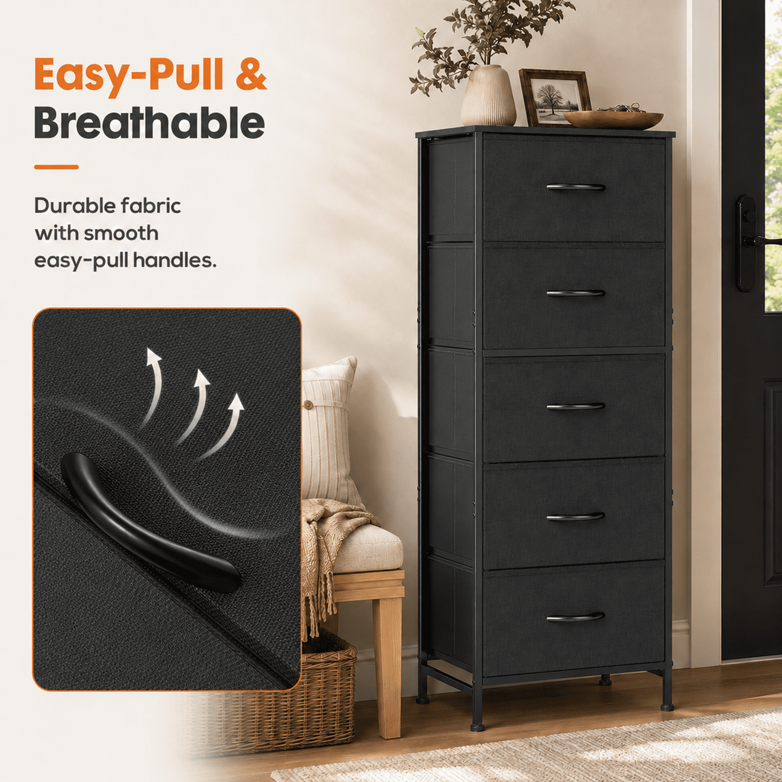 Alvantor Tall Dresser for Bedroom with 5 Drawers, Vertical End Table and Nightstand for Bedroom, Storage Organizer Chest of Drawers with Removable Fabric Bins