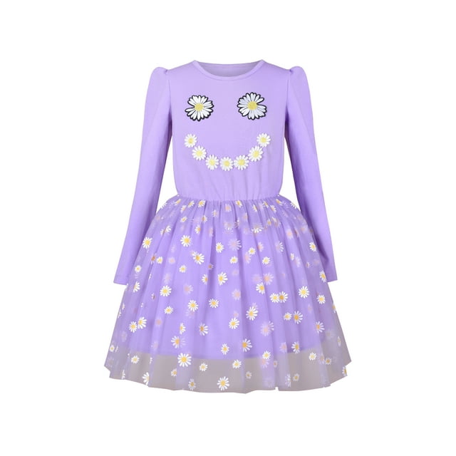 Robe Fille Marguerite Brodée Manches Longues Violette Robe de Soirée Sourire 5 Ans
