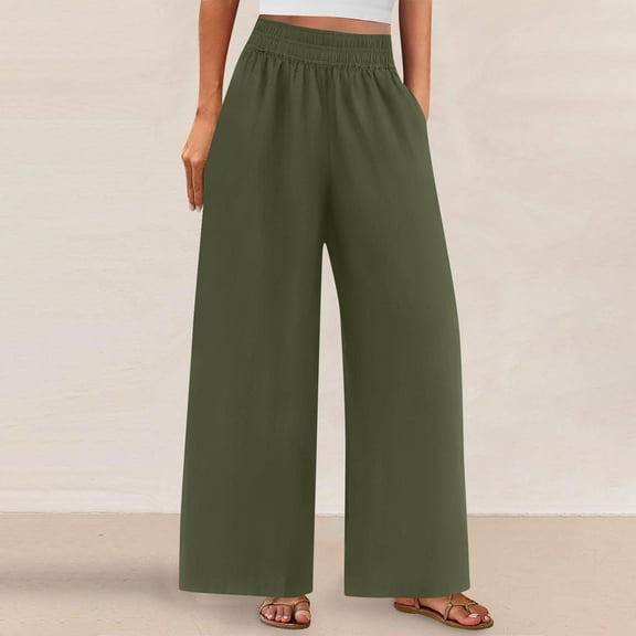 Htigea Women Wide Leg Linen Pants, High Waisted Summer Casual Cotton Linen Palazzo Pants with Pockets Sale Army Green M