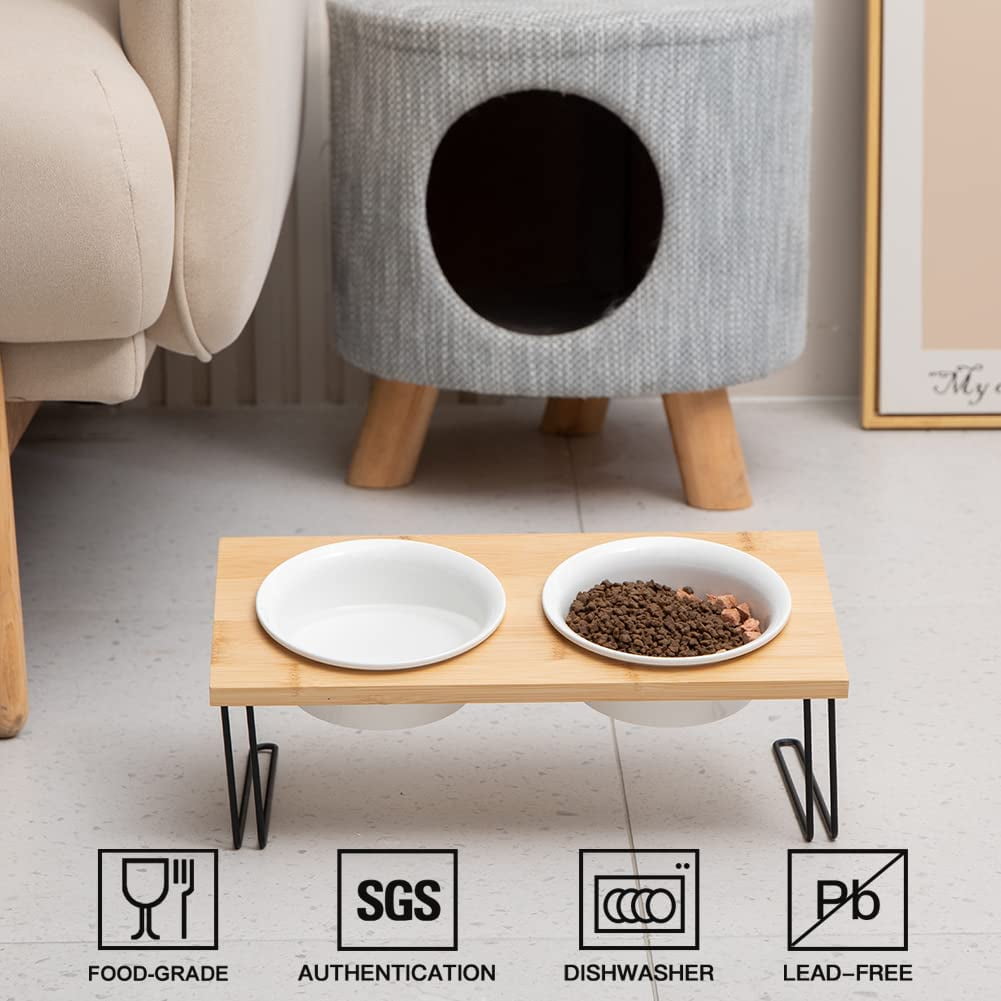 Pet Daily Kit Ceramic bowls elevated for Pets, Solid bamboo Water stand feeder