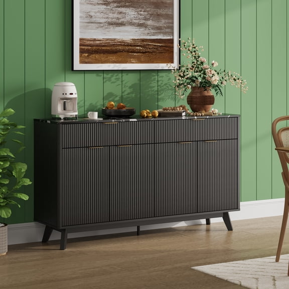 Gaderth Buffet Sideboard, 60'' Sideboard Storage Cabinet with 2 Drawers and 4 Wave Doors, Buffet Cabinet with Adjustable Shelves for Kitchen, Dining Room, Entryway