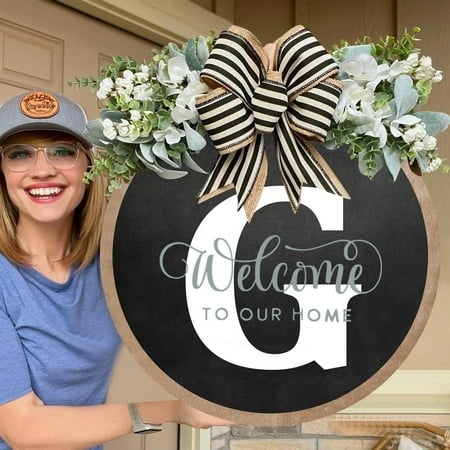 Funny Welcome Sign Front Door Rustic Round Outdoor Indoor Spring Wreath Farmhouse Porch Wreath Wood Decoration Sign Housewarming Summer Fall Home Wall Decor