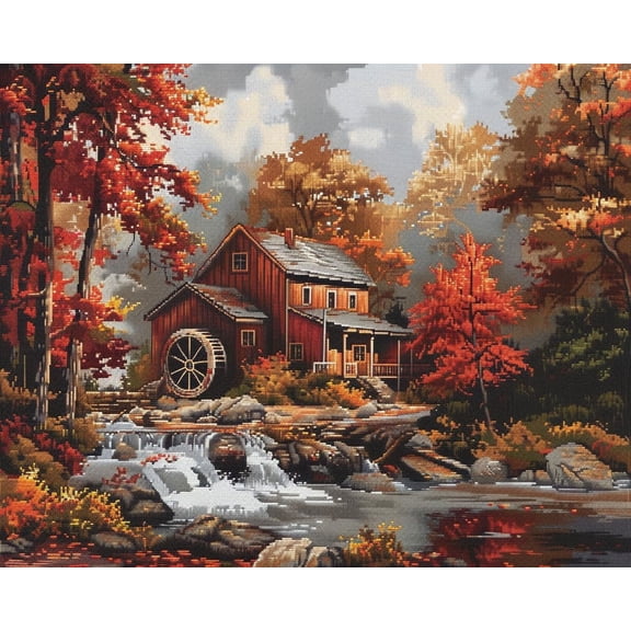 Autumn Landscape Mill Fall Trees DIY 11CT Stamped Cross Stitch Kits for Beginners Easy Needlepoint Embroidery Counted Cross Stitch Art Craft for Wall Decoration 12x16inch(1)