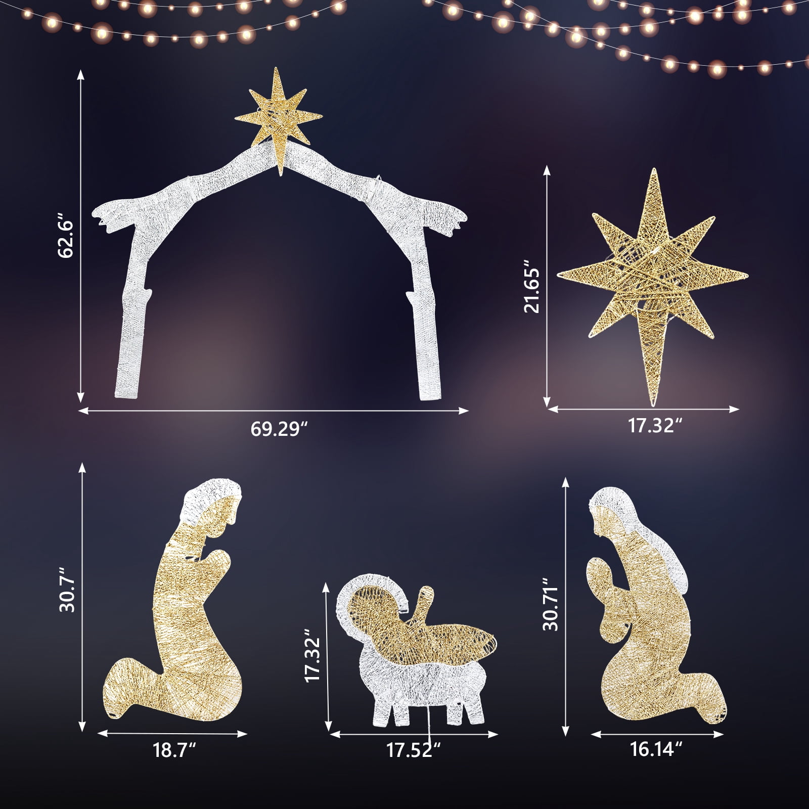 6ft Christmas Nativity Scene Decoration Silver Roof with 190 LED Lights Durable Garden Jesus Mary Joseph Set Easy-Install Reusable Outdoor Holiday Decor