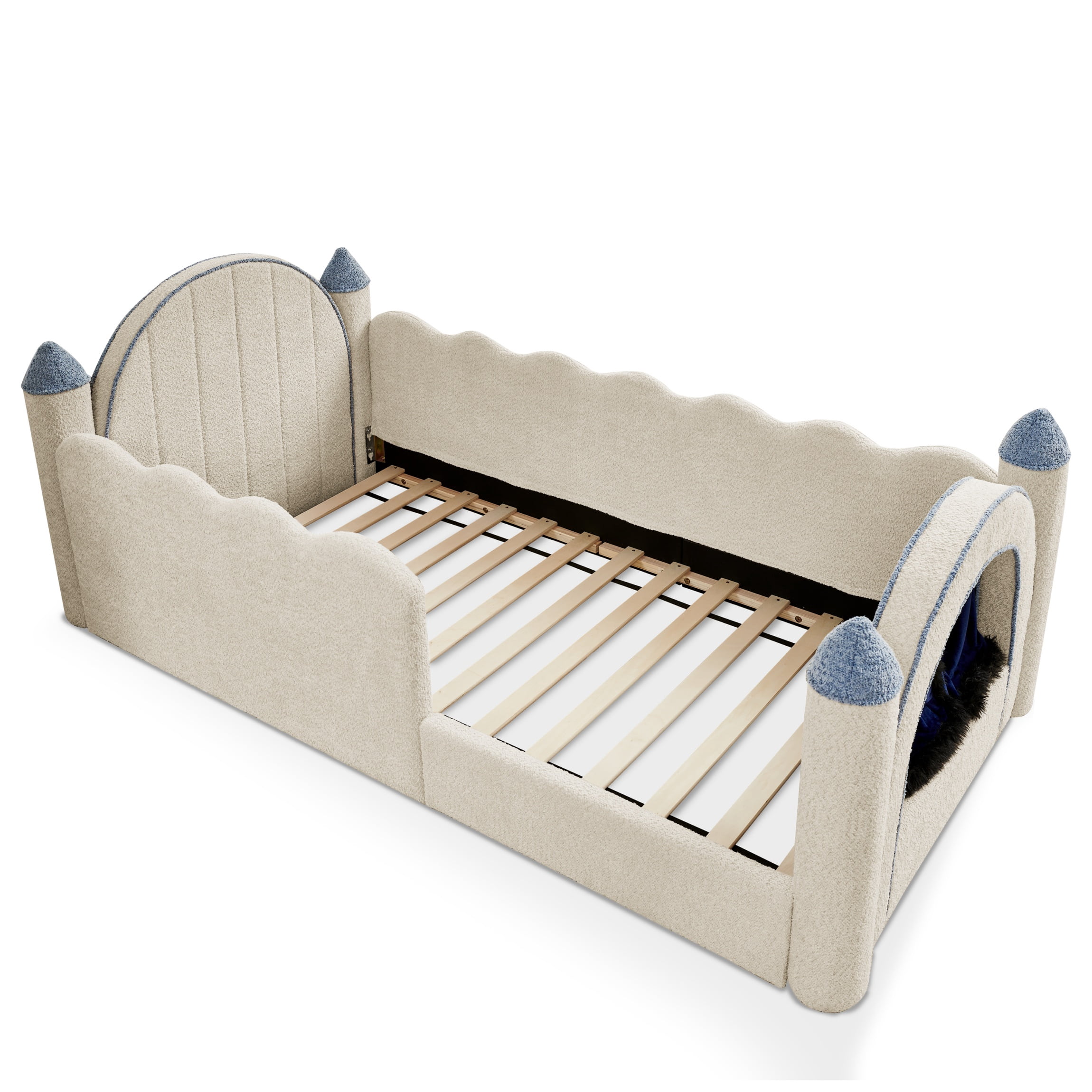 Twin Size Castle-Shaped Kids Floor Bed with Safety Guardrail, Low Profile Upholstered Platform Bed Frame with Small Curtain