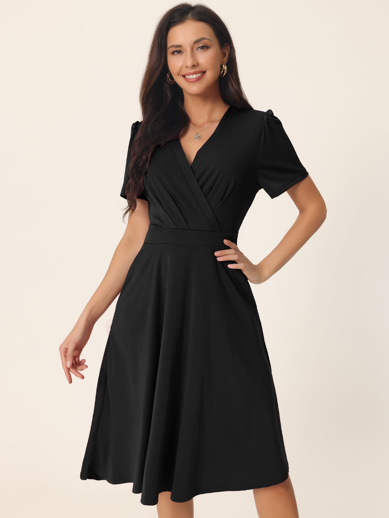 ★OPEN YY_TheOpen Product★ TRANSFORMATIVE KNOT DRESS (BLACK Unique Bargains Women's Swiss Dot Lantern Sleeve V Neck Midi