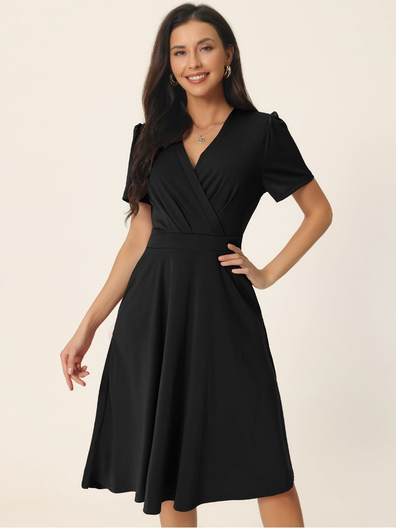 Unique Bargains Women's Swiss Dot Lantern Sleeve V Neck Midi Dress with  Pockets Black - Walmart.com