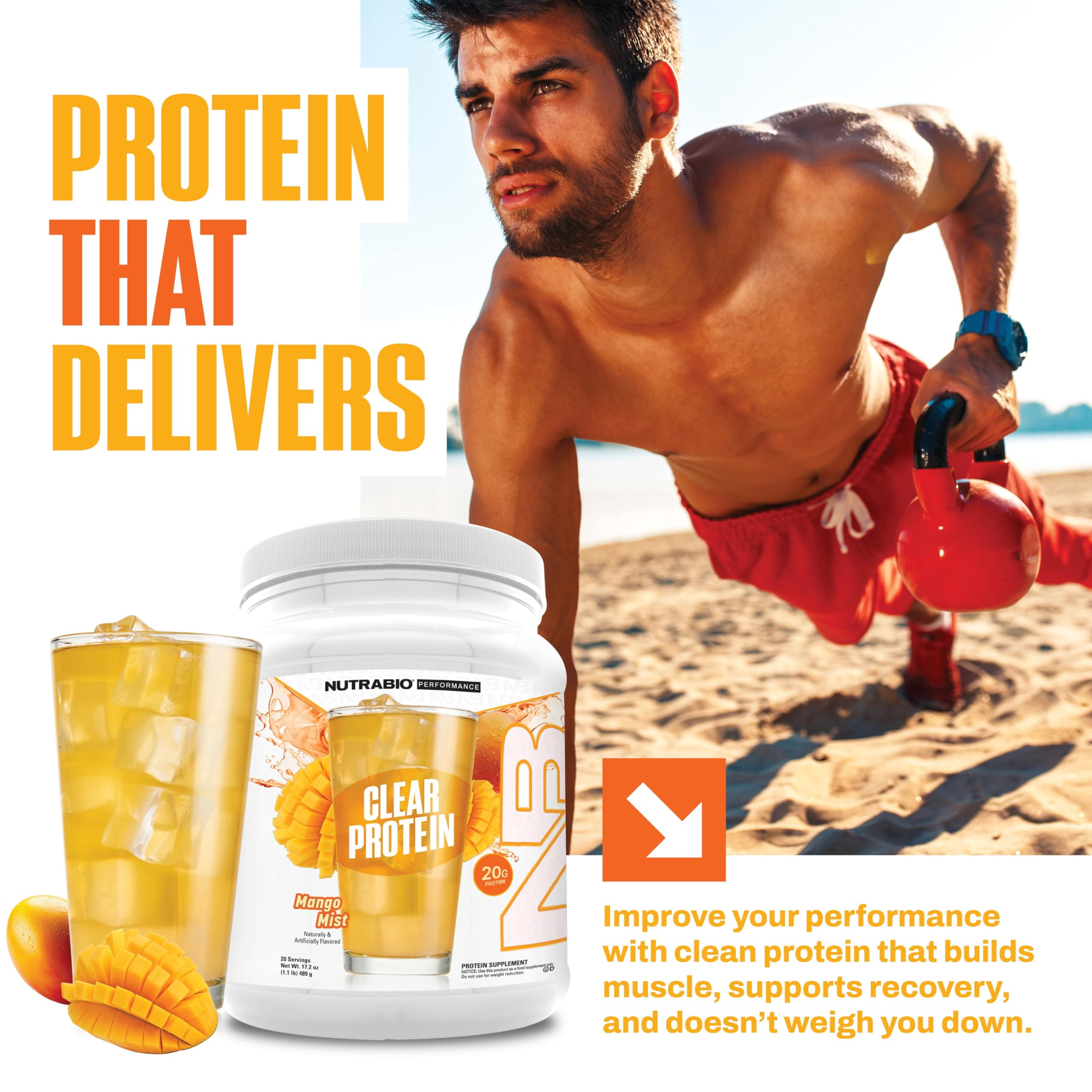 NutraBio Clear Whey Isolate Protein Powder, Delicious & Refreshing Fruit Flavors, Protein Juice, No Milky Taste, No Foam, Zero Sugar, Mango Mist, 20 Servings