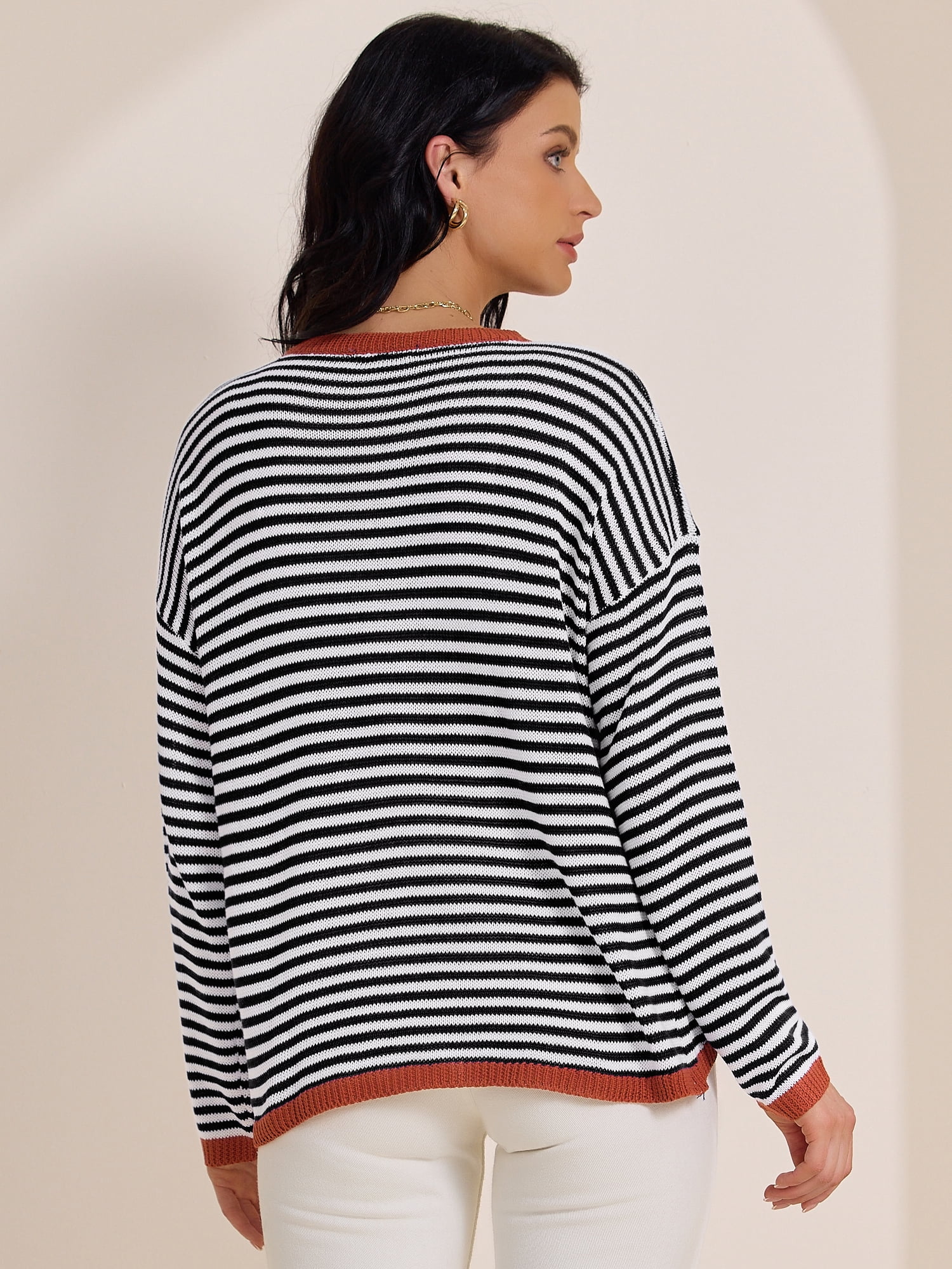 DARING DIVA Women's Striped Crew Neck Loose Knitted Sweatshirts 2XL Black