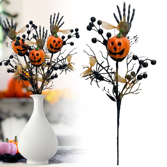 1Pc Clearance Under $3 Artificial Halloween Pick Halloween Branch Plastic For Vase Arranging Halloween Branches Black Stem With Pumpkin (G)