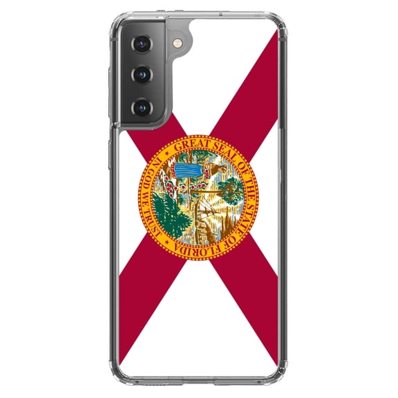 DistinctInk Clear Shockproof Hybrid Case for Galaxy S21 5G (6.2" Screen) - TPU Bumper, Acrylic Back, Tempered Glass Screen Protector - Florida State Flag - US State Flag