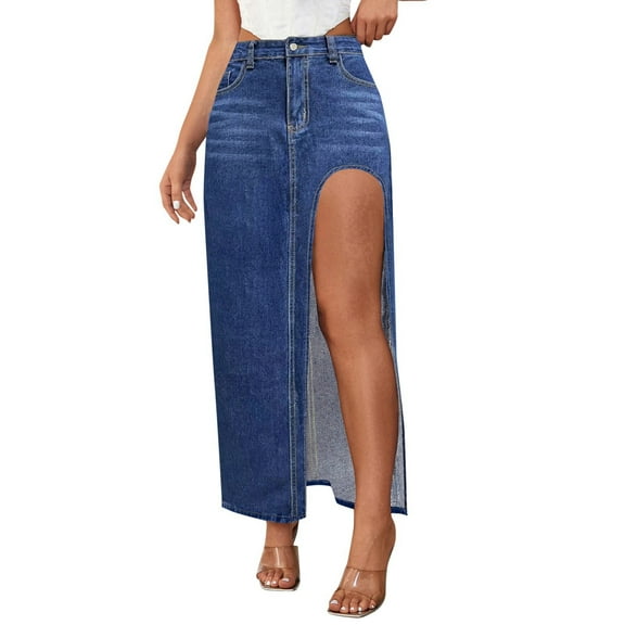 Women Fashionable Design High Slit Spring And Summer Washed Solid Color Mid Length Skirt Denim Skirt