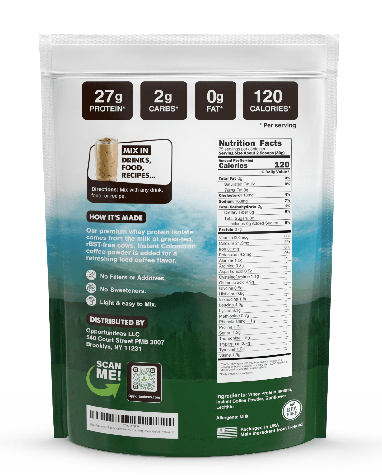 Opportuniteas Grass Fed Coffee Whey Protein Isolate Powder - 27g Protein Powder Without Artificial Sweeteners, 60mg Caffeine, Hormone-Free Cows - 5lb
