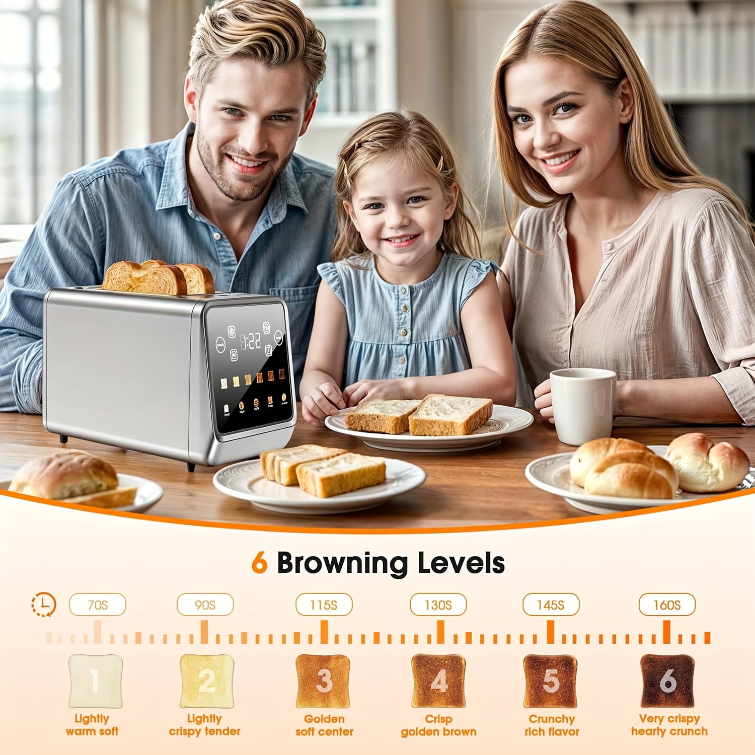 2-Slice Touch Screen Stainless Steel Toaster | Smart Digital with Memory Function, 5 Bread Types & 6 Shade Settings, 1.5" Wide Slot, 900W Power