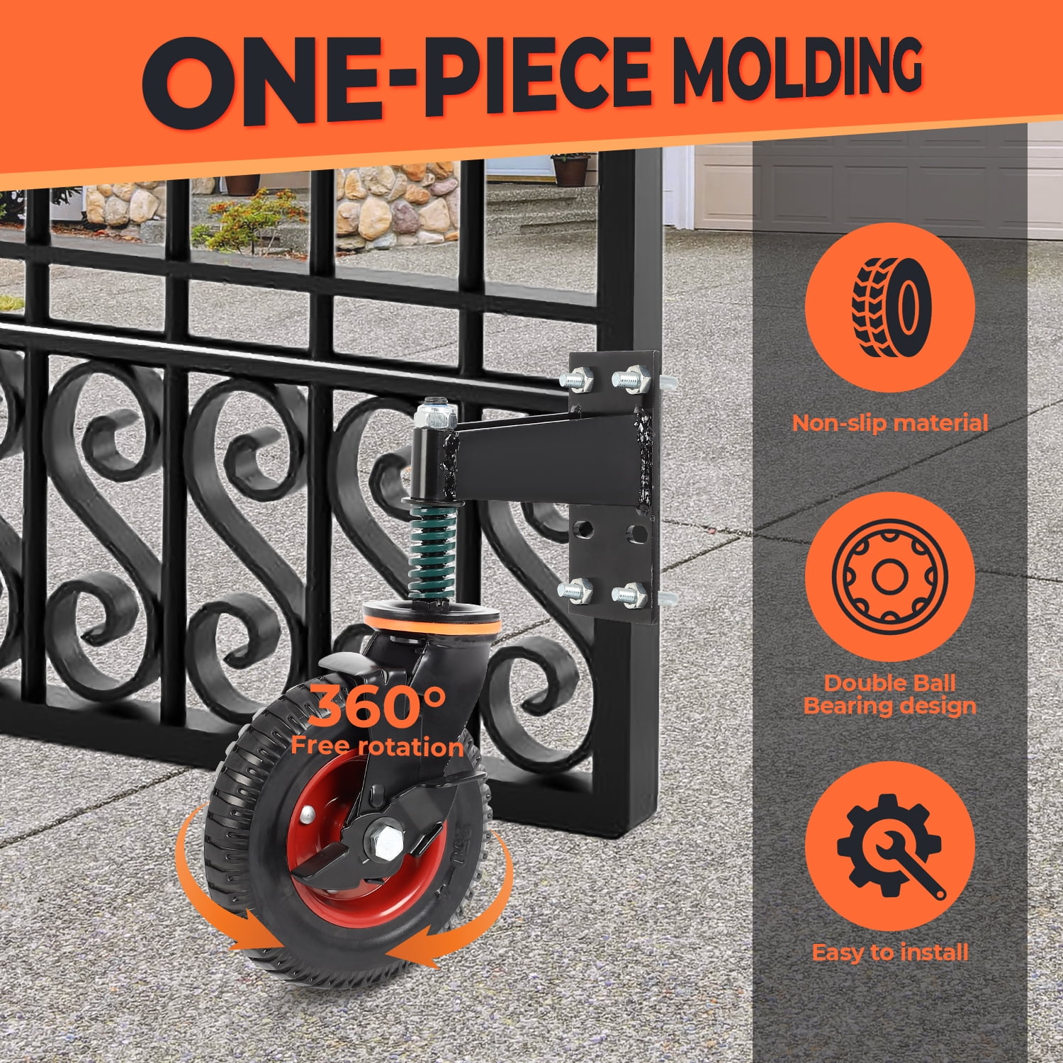 8inch Gate Casters with Brake, Moves Smoothly Fence Gate Wheel, 600 Lb Capacity 360 Degree Rotation Gate Wheels for Wooden/Metal Tube Gate Spring-Loaded Heavy Duty Gate Wheel Nuts Wrench Gloves