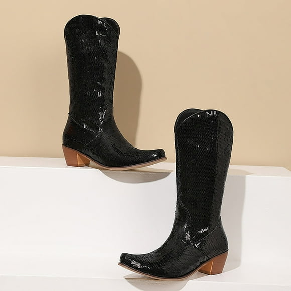 YOUSNH Ladies Sequin Heels Western Cowboy Boots Pointed Toe Mid Calf Knee High Boots for Women Women Boots Black 8.5