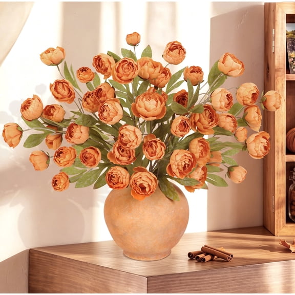 HKKDKTA 6Pcs Fall Flowers Faux Silk Peonies Artificial Flowers for Vase, Fake Peonies Branches with Stems for DIY Bouquet Home Decor Orange