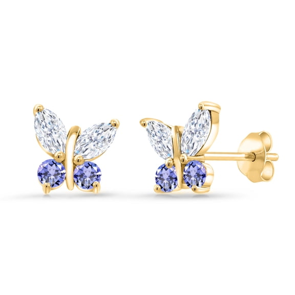 Gem Stone King 18K Yellow Gold Plated Silver Marquise White Moissanite and Blue Tanzanite Butterfly Earrings for Women (1.52 Cttw, Gemstone Birthstone, Center Stone: 6X3MM, Small Stones: 3MM)