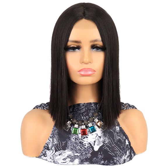 Unique Bargains Lace Front Wigs for Women 14" Black Medium Long Straight Hair with Wig Cap Synthetic Fibre