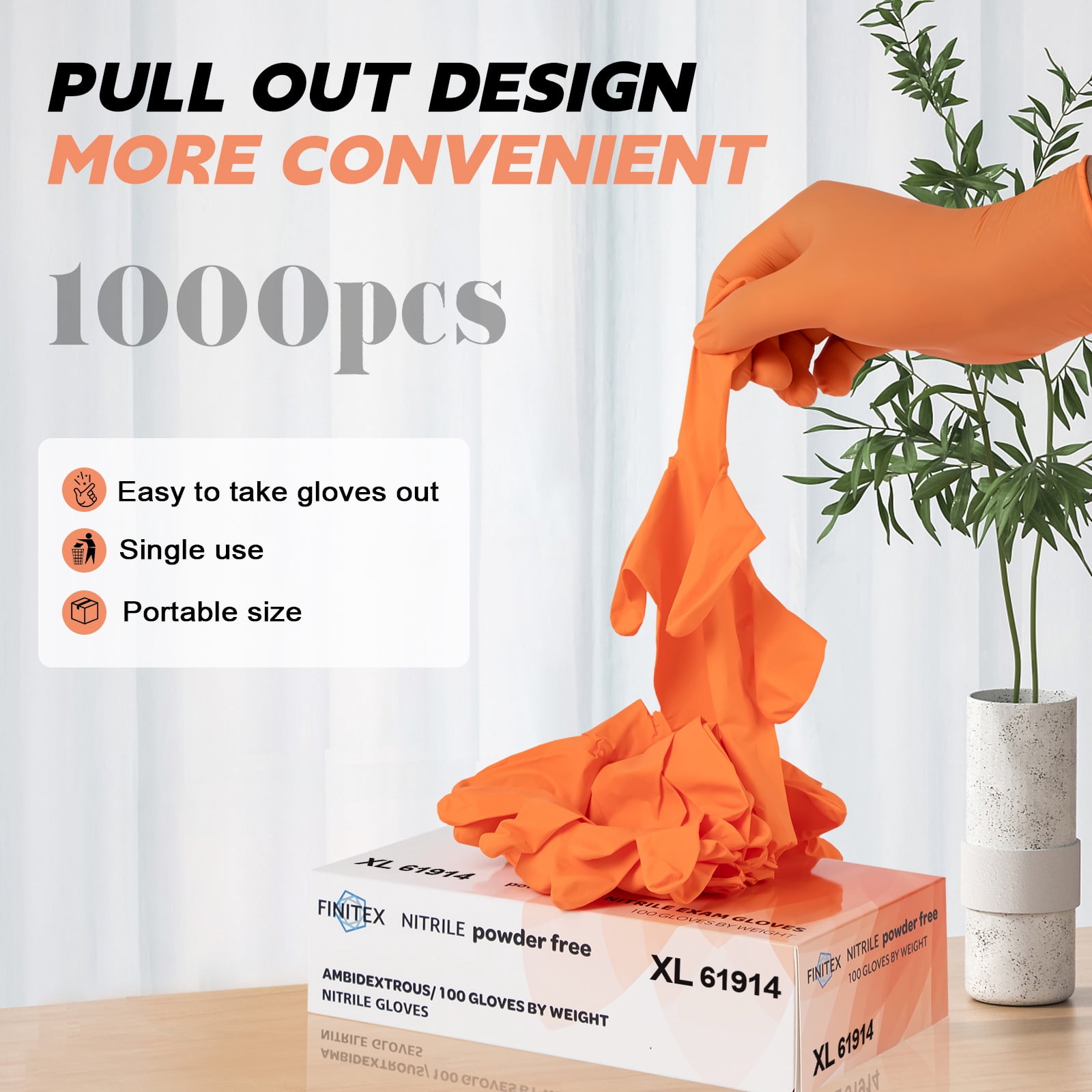 FINITEX Nitrile Disposable Gloves, Orange, Latex-Free, Powder-Free, XL, 1000 Count