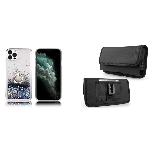 Waterfall Liquid Glitter Stand Case and Belt Holster Pouch for iPhone 14 Pro - Black