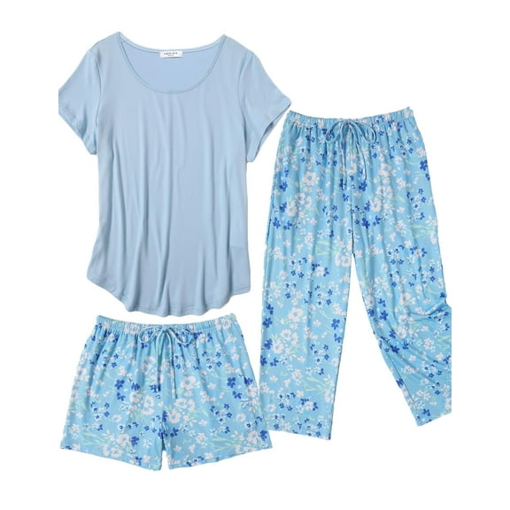 Ekouaer 3 PCS Capri Pajamas for Women Set Short Sleeve Pajama Sets Floral Pj Sets Soft Sleepwear with Pockets