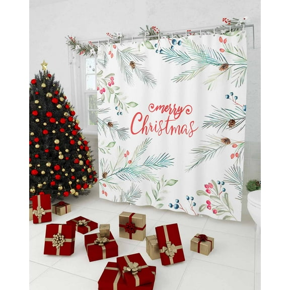 Christmas Shower Curtain, Xmas Botanical Snowflake Pine Cones Waterproof Washable Boho Funny Cute Shower Curtains Set for Bathroom Farmhouse Bathtubs Decor with Hook, 72"Wx72"L