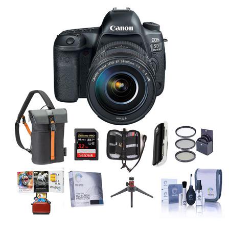 EOS-5D Mark IV Digital SLR Camera Body Kit with EF 24-105mm f/4L IS II USM Kit - Bundle with 32GB U3 SDHC Card, Holster Case, Table Top Tripod, Cleaning Kit, 77mm Filter Kit, Mac Software Pa