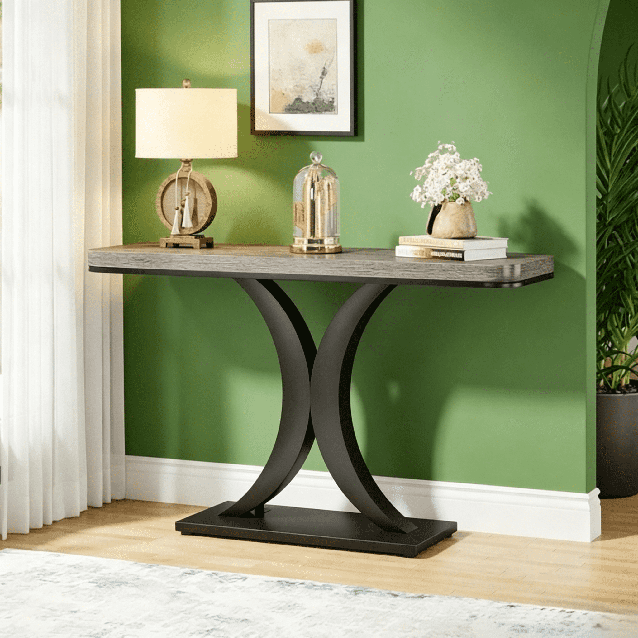 39.4" Industrial Console Table - Rustic Brown Wood Grain with Curved Edge, Heavy-Duty Geometric Base - Narrow Entryway Table for Living Room, Hallway & Foyer