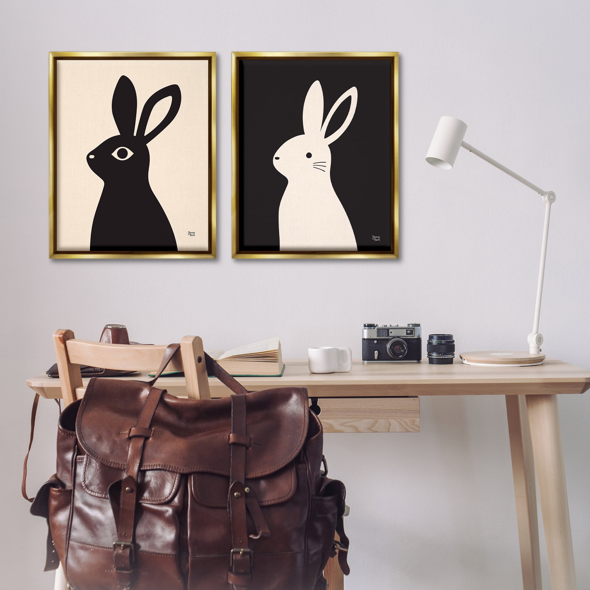 Stupell Industries Cream & Black Rabbits Animals Painting Gold Floater Framed Canvas Art Print Wall Art, 31 x 25, Set of 2