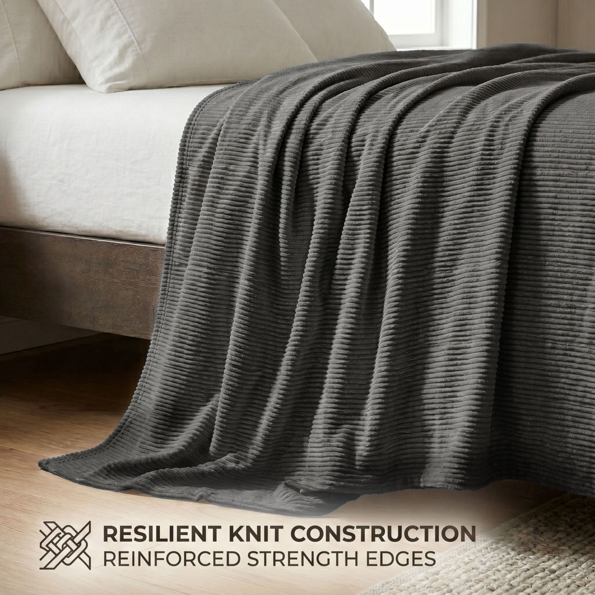 Superior Kacey Ribbed Fluffy Fleece Blanket, Full Queen Size, Charcoal