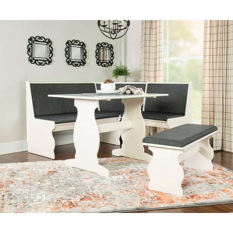 Linon Weston Corner Dining Breakfast Nook with Table and Bench, Seats 5-6,  White Finish with Charcoal Fabric 