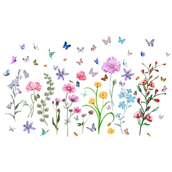 Summer Floral&Grass Wall Decal Garden Flower Wall Decals Floral Butterfly Wall Art Stickers for Bedroom
