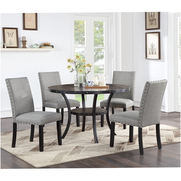 Modern Round Dining Table Set with 4 Chairs, Gray Fabric Upholstery, Nailhead Trim, Storage Shelf