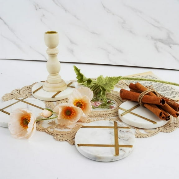 Marble Coaster, White Marble Round Coaster with Gold Brass Inlay, Set of 4, Handmade Brass Inlay, 4-inch