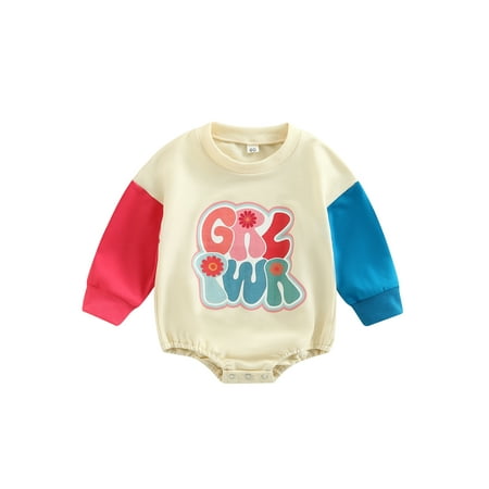 

Infant Baby Boy Girl Casual Romper Letter Print Contrast Color Crew Neck Long Sleeve Jumpsuit