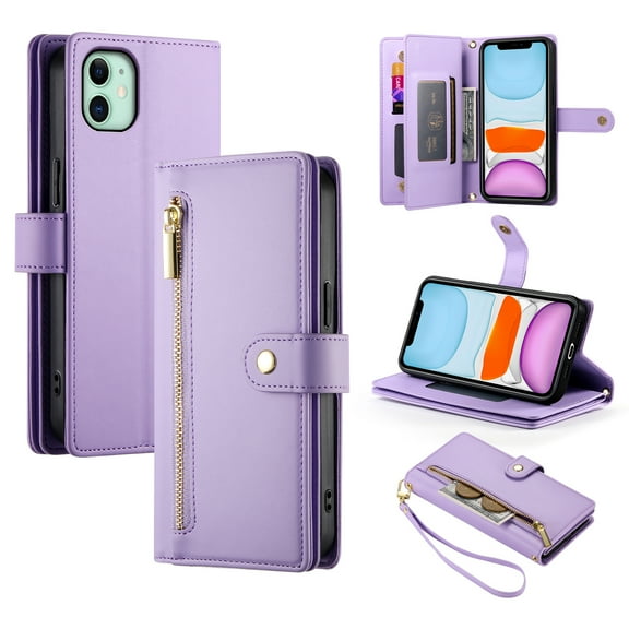 Allytechgroup Wallet Case for Apple iPhone 12 / 12 Pro, 9 Cards Holder Zipper Pocket Hand Wrist Shockproof Stand Flip Cover RFID Blocking Phone Case for Women Men, Purple