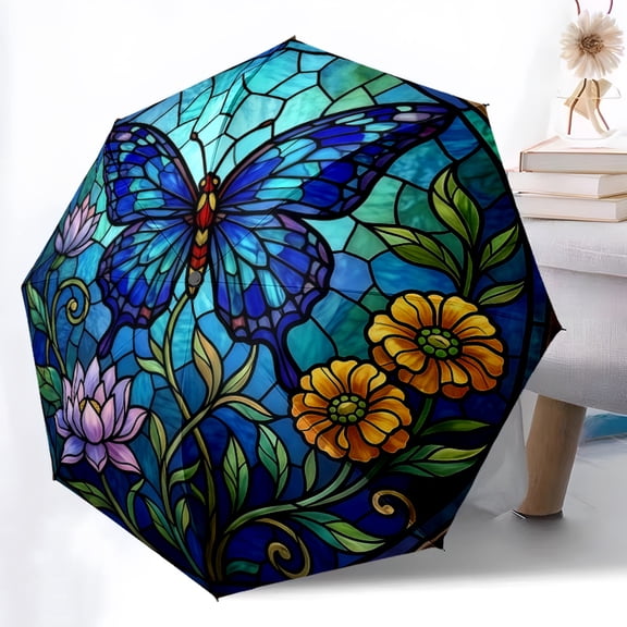 Blue Glass Butterfly Print Automatic Folding Umbrella, Portable 8-Rib Windproof Rain Umbrella for Outdoor, Travel, and Daily Use