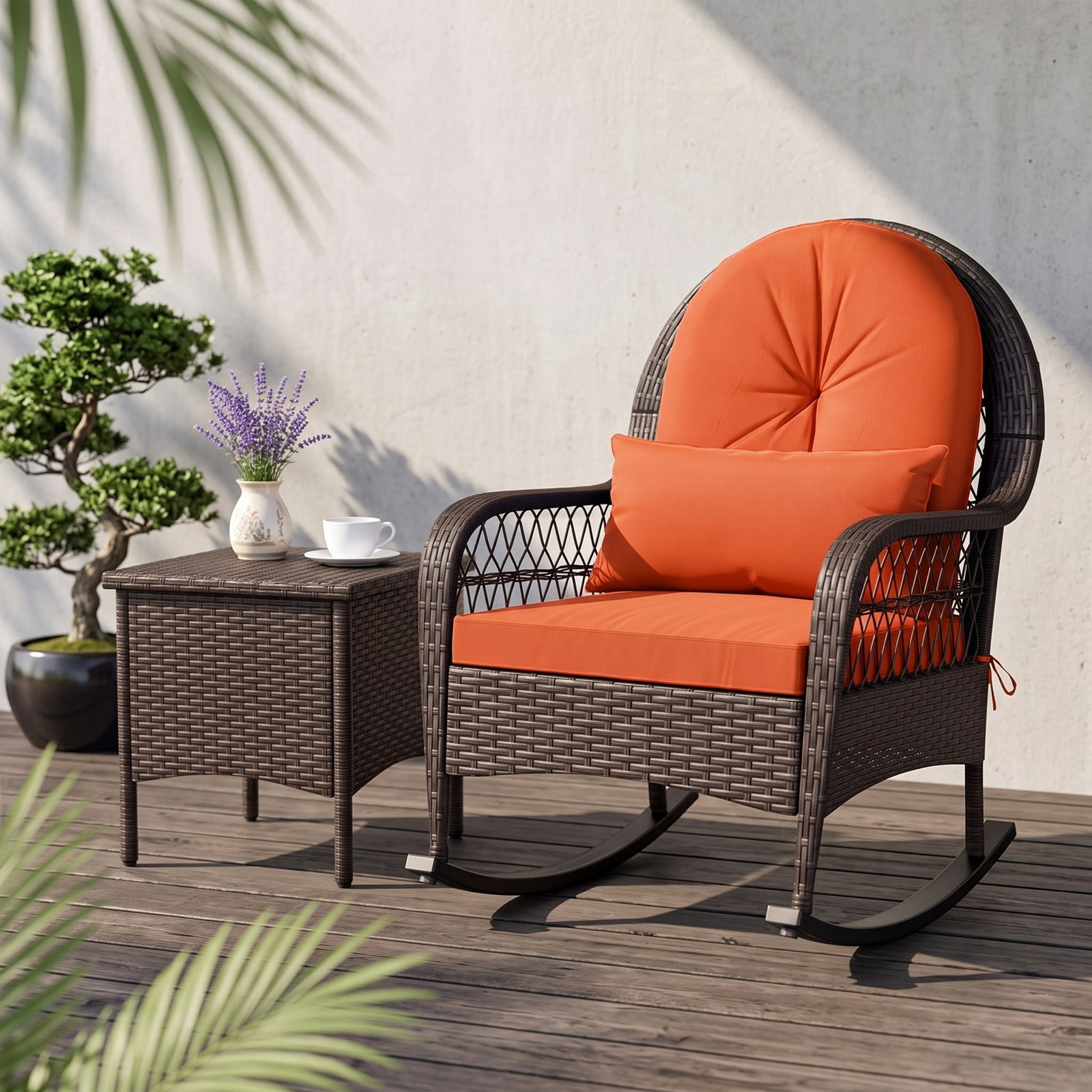 Furnibear Patio Rattan Rocking Chair with Soft Seat, Back Cushions and Waist Pillow for Front Porch, Backyard and Poolside, Red