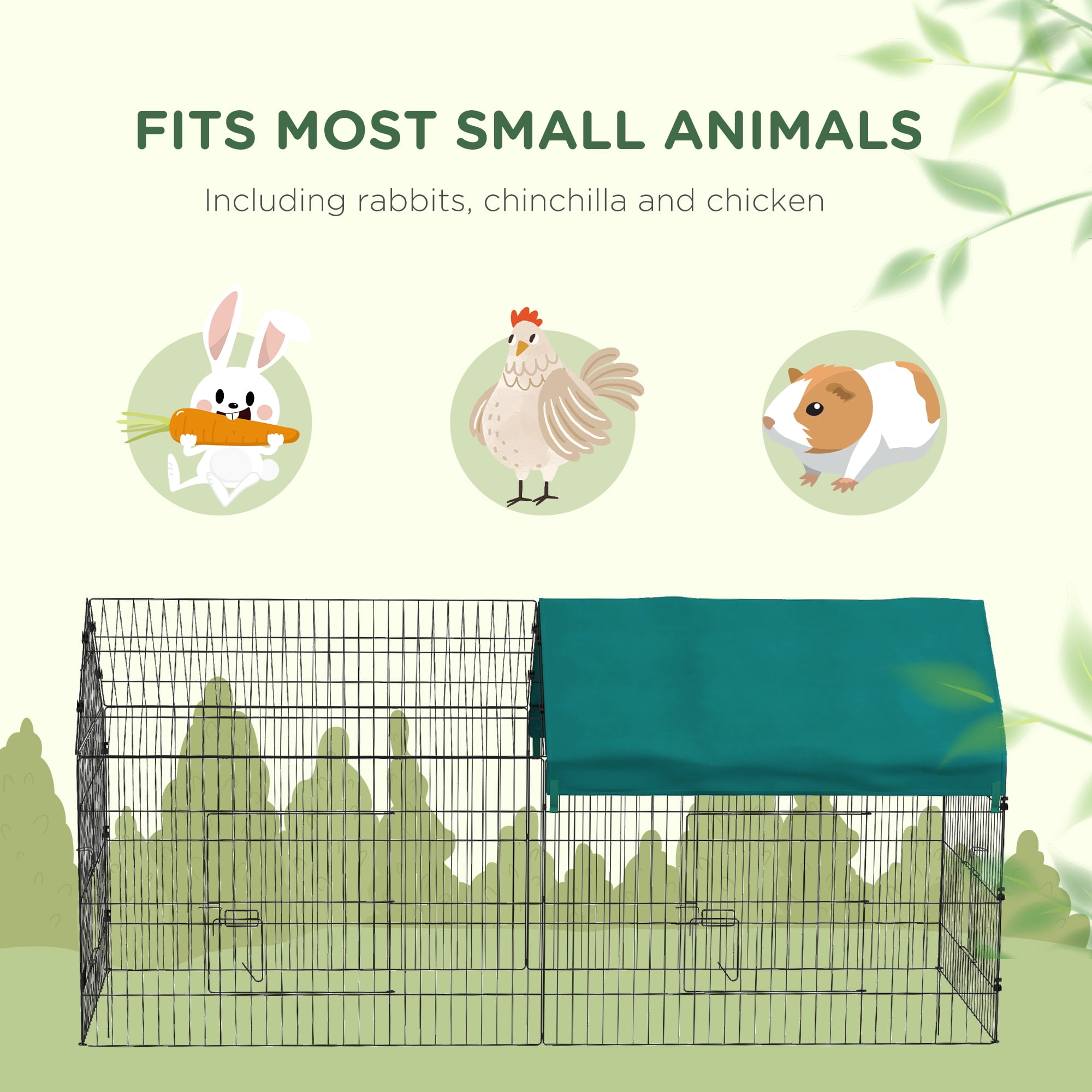 PawHut 87" Small Animal Playpen, Pet Playpen Yard Fence for Rabbits, Chicken, Chinchillas with Roof for Indoor Outdoor, Green