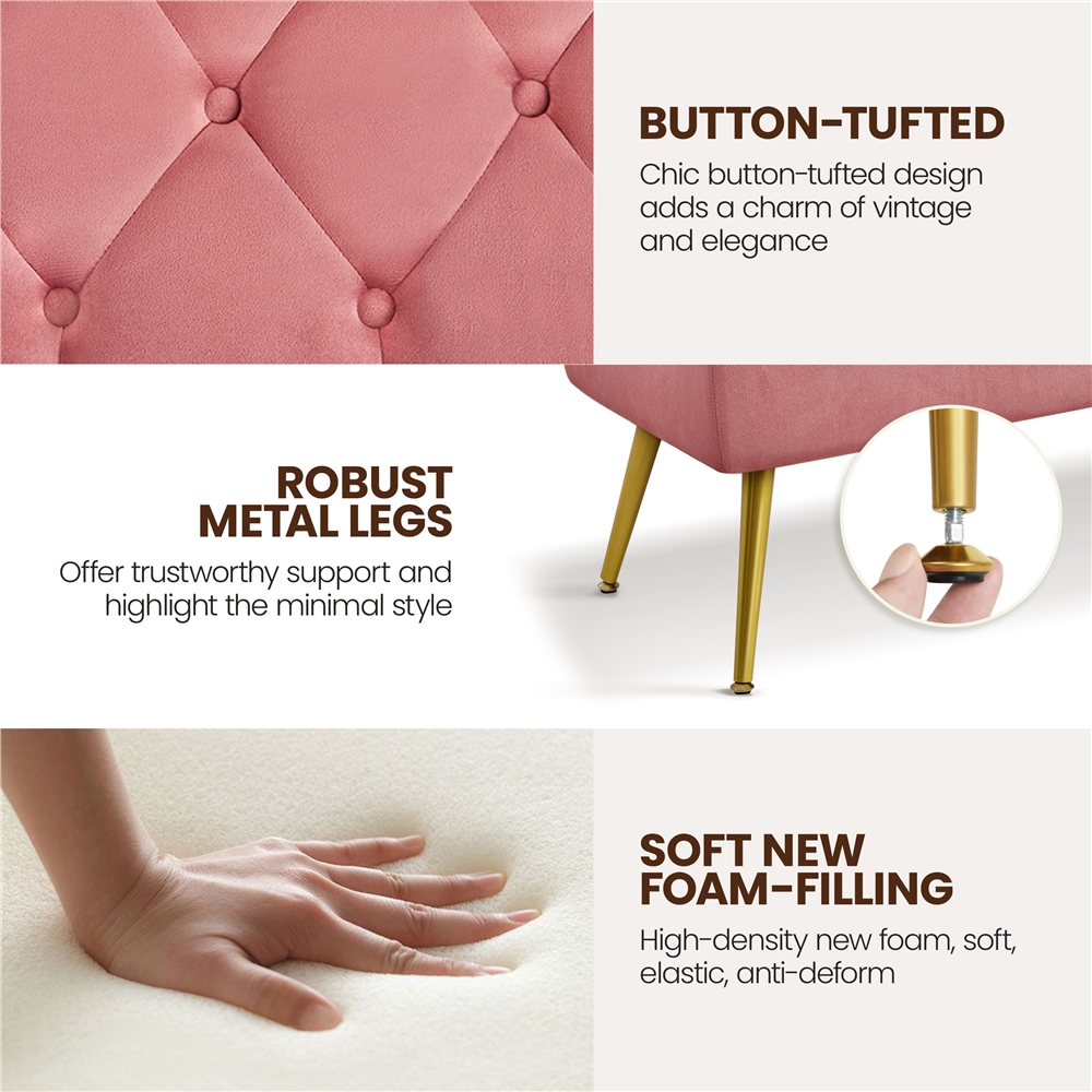 Yaheetech Velvet Upholstered Button Tufted Footstool Bench for Bedroom, Pink