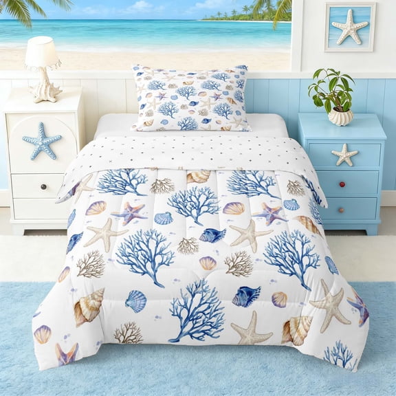 Manfei Watercolor White Seashell Starfish Coral Twin Comforter Sets for Kids Boys and Girls, Marine Life Print Bedding Set, Reversible 2pcs, 1 Comforter and 1 Pillowcase