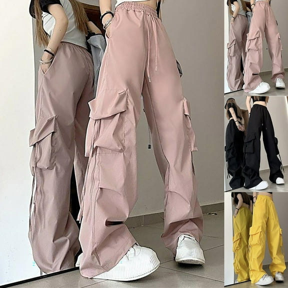 QLEICOM Hiking Pants Women,Casual Pants for Women,Women's High-Waist Workwear Pants with Drawstring and Dropped Crotch Solid Color Wide Leg Sport Pants with Slim Effect