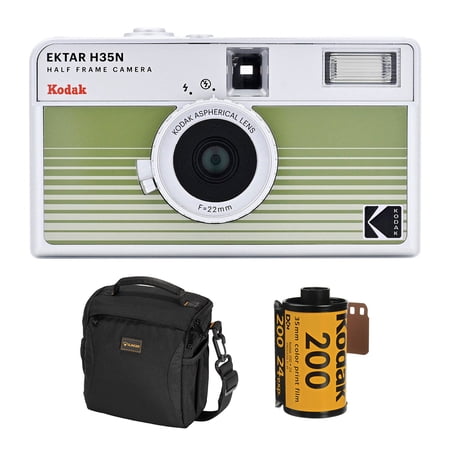 Kodak EKTAR H35N Half Frame Film Camera, Striped Green, Bundle with Kodacolor Gold 200 35mm Color Negative Roll Film, 24 Exposure and Shoulder Bag